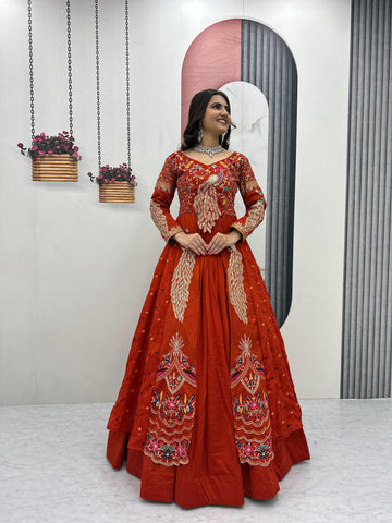 Orange Pure Vichitra Embroidered Crop Top Lehenga Set with Shrug