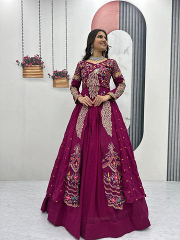 Magenta Pure Vichitra Embroidered Crop Top Lehenga Set with Shrug