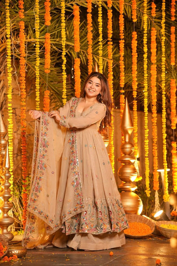 Beige Crunchy Silk Slit Anarkali Palazzo Suit Set