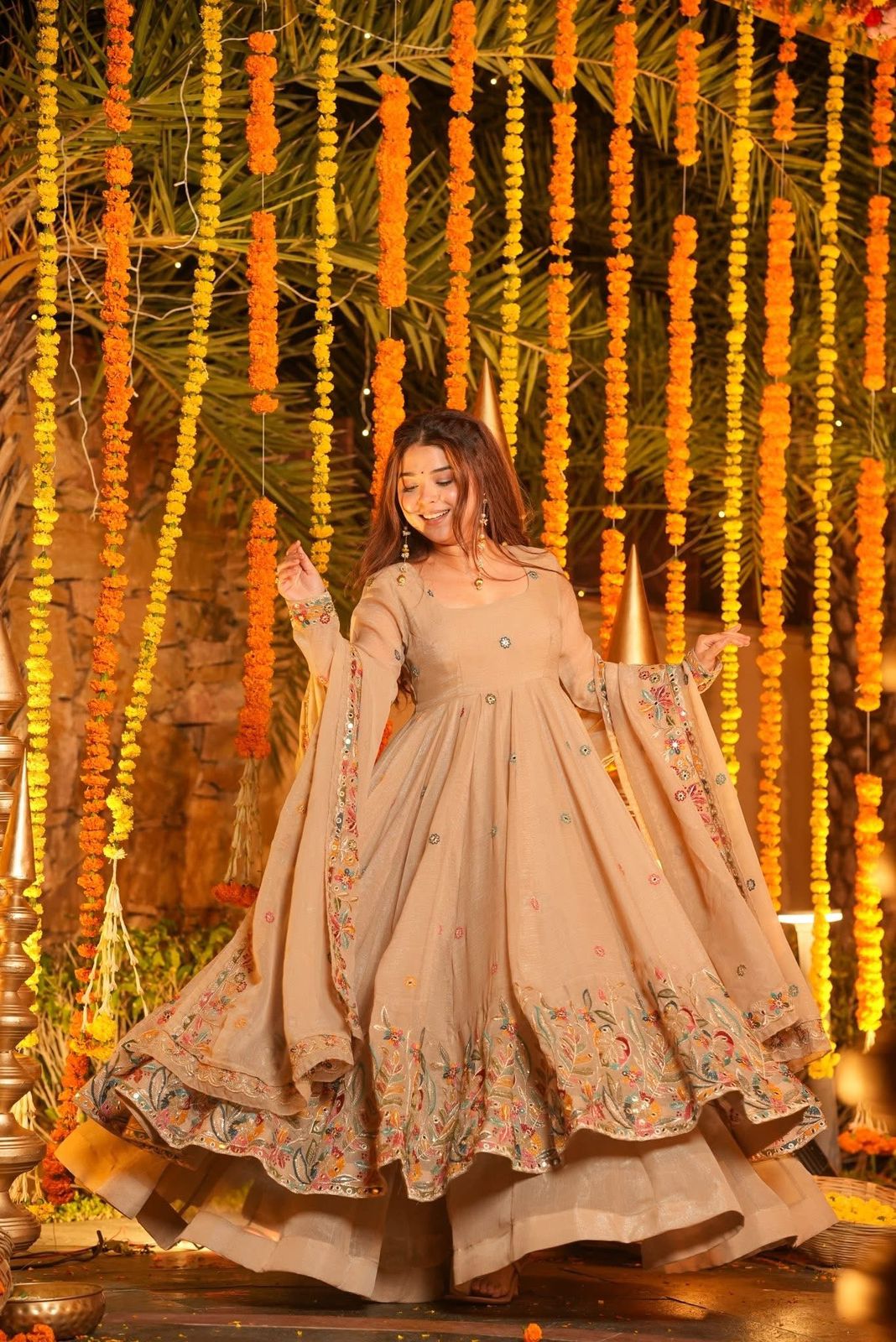 Beige Crunchy Silk Slit Anarkali Palazzo Suit Set