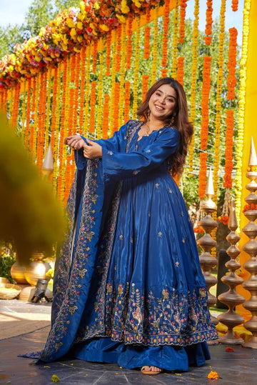 Blue Crunchy Silk Slit Anarkali Palazzo Suit Set