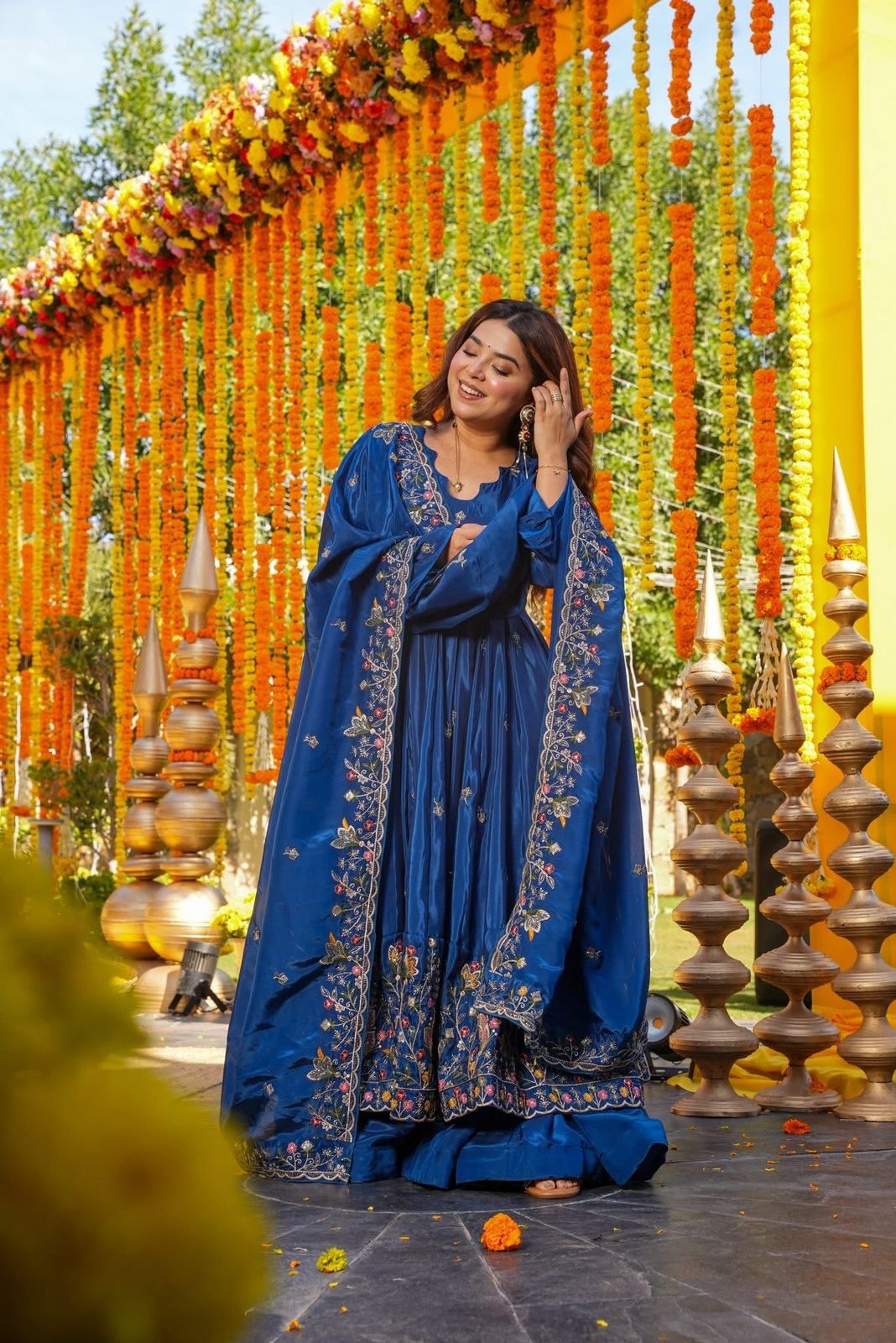 Blue Crunchy Silk Slit Anarkali Palazzo Suit Set