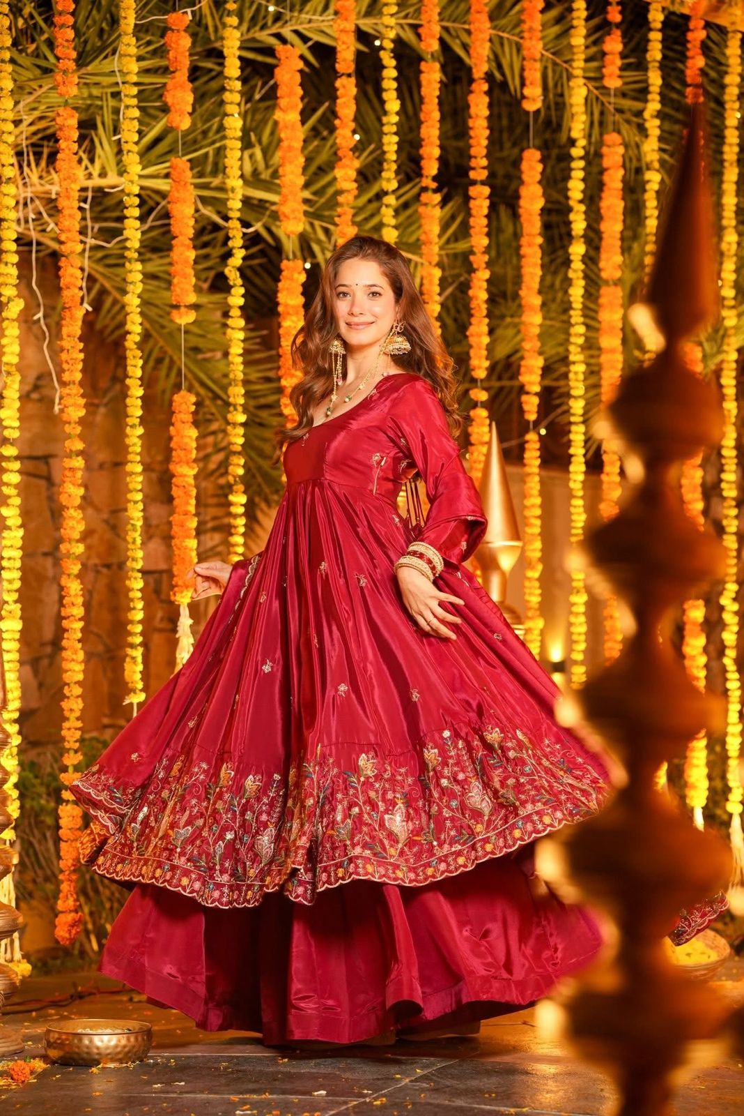 Red Crunchy Silk Slit Anarkali Palazzo Suit Set