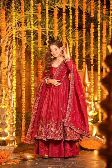 Red Crunchy Silk Slit Anarkali Palazzo Suit Set
