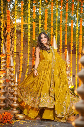 Yellow Crunchy Silk Slit Anarkali Palazzo Suit Set