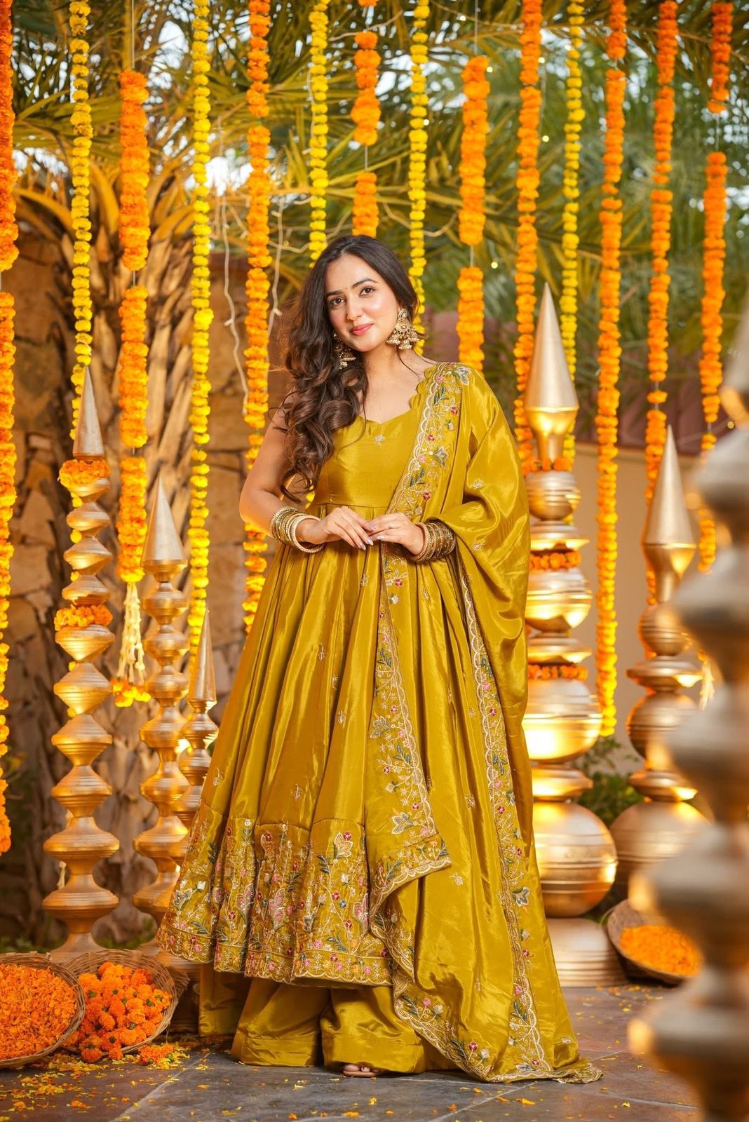 Yellow Crunchy Silk Slit Anarkali Palazzo Suit Set