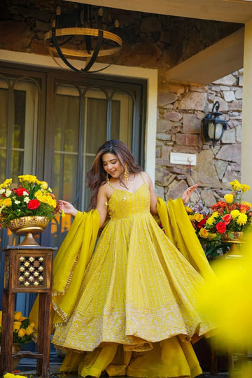 Mustard Yellow Vichitra Silk Slit Anarkali Suit Set