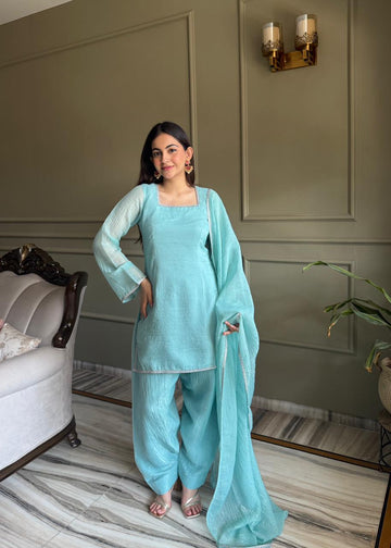Sky Blue Chinon Silk Sequin Zari Kurta Pant Dupatta Set