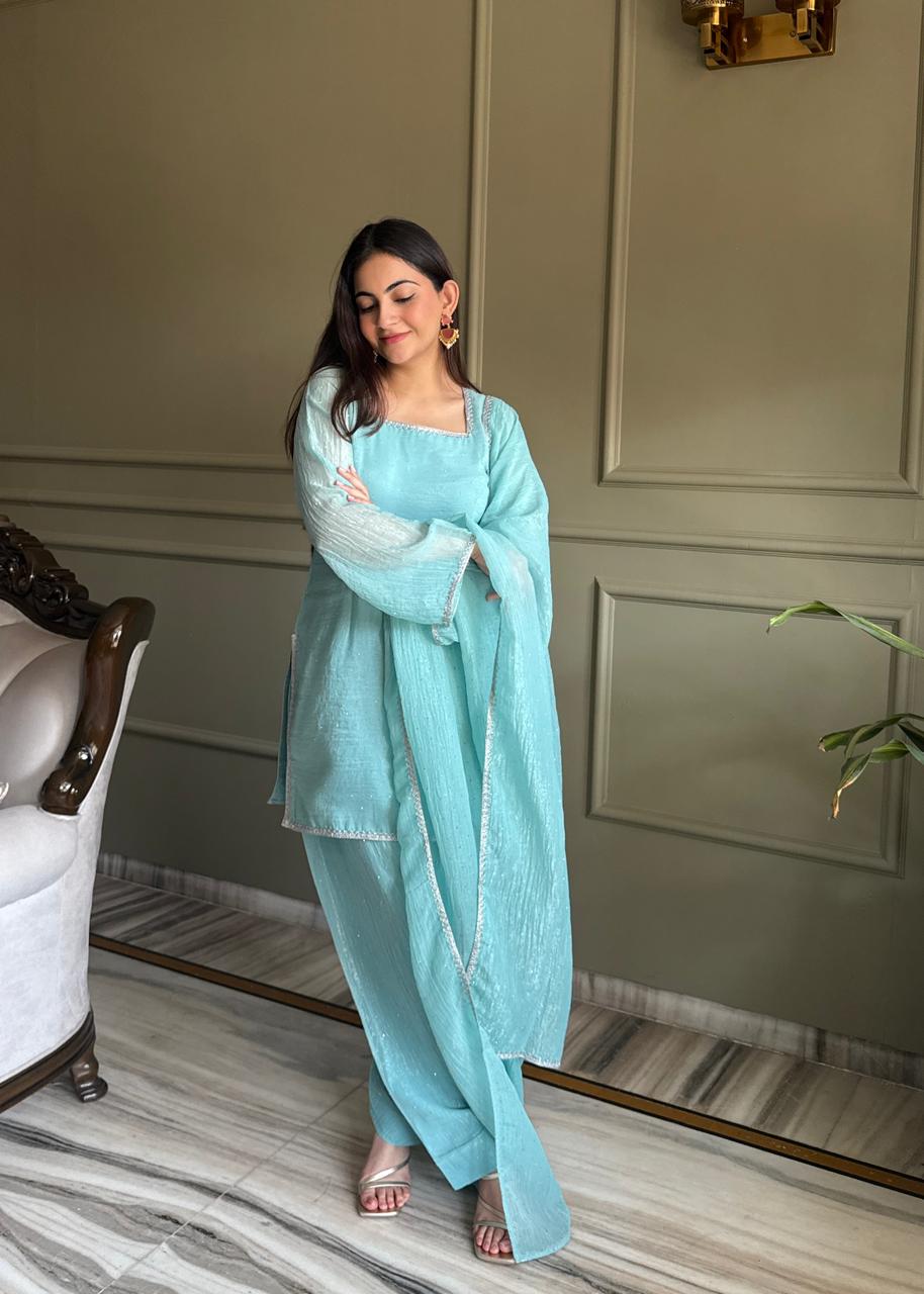 Sky Blue Chinon Silk Sequin Zari Kurta Pant Dupatta Set