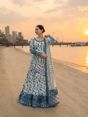 White Blue Teby Organza Zari Embroidered Anarkali Gown