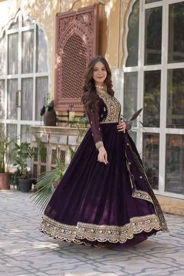 Royal Wine Georgette Sequin Zari Anarkali Gown