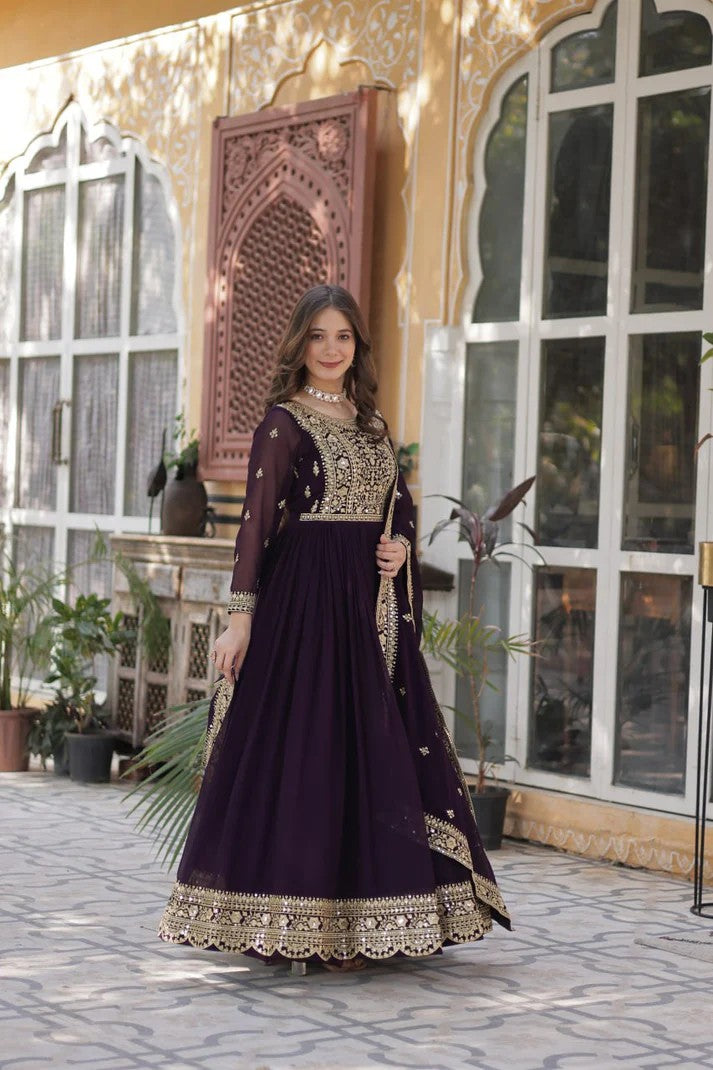 Royal Wine Georgette Sequin Zari Anarkali Gown