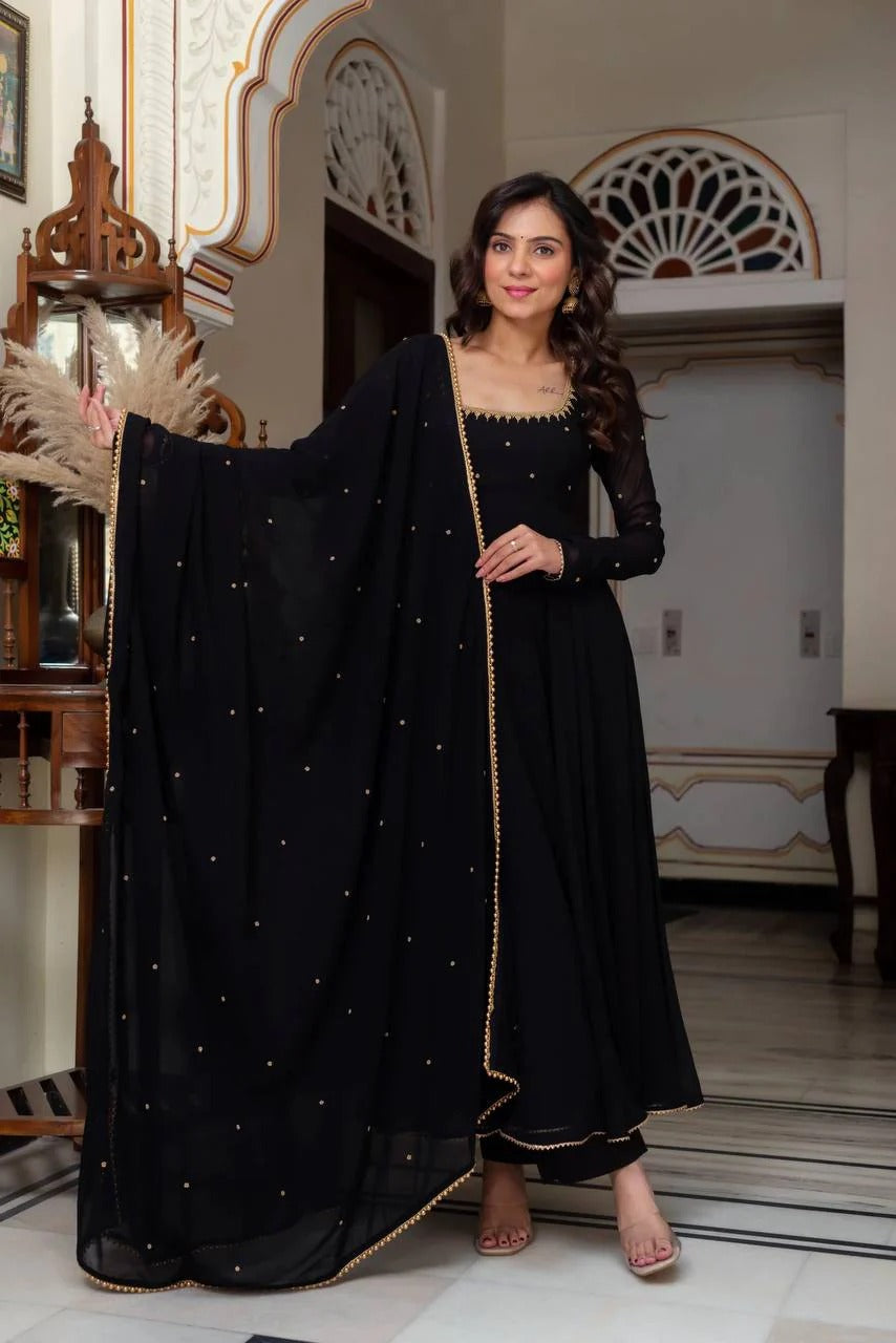 Black Faux Blooming Bead Embroidered Anarkali Suit Set