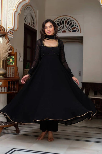 Black Faux Blooming Bead Embroidered Anarkali Suit Set