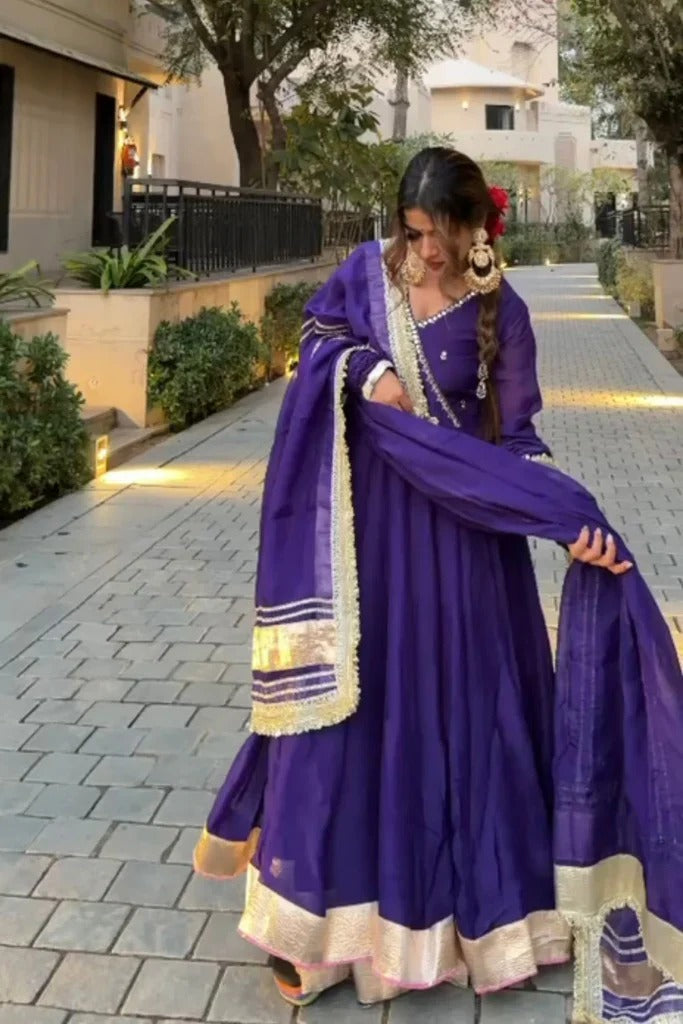 Purple Organza Rose Embroidered Anarkali Suit Set