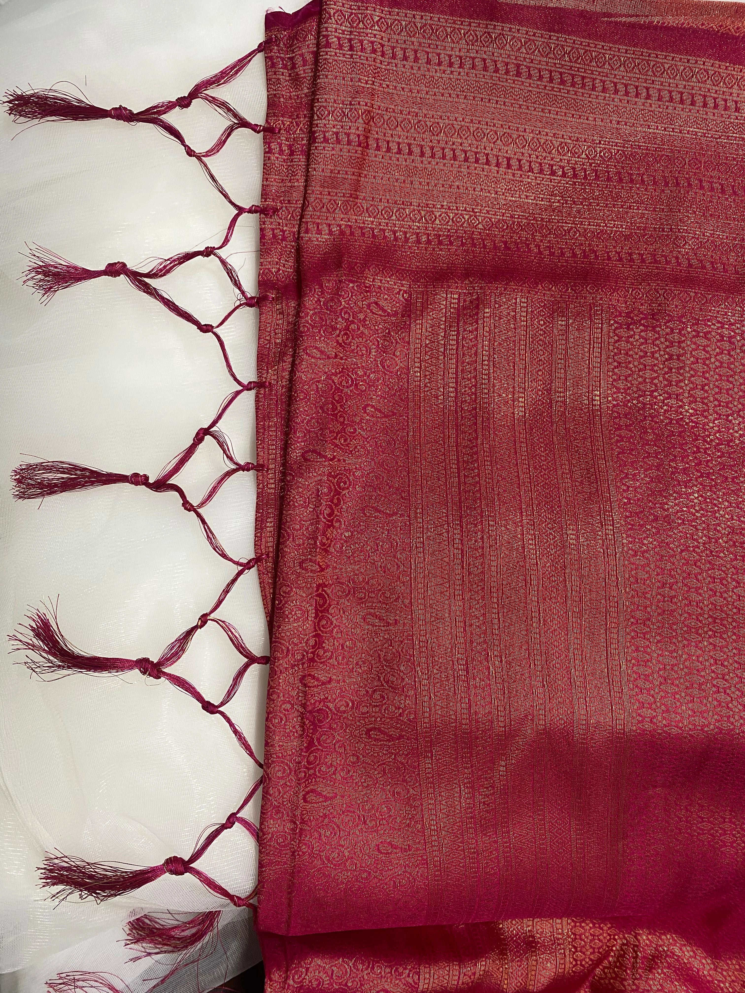 Dark Magenta Banarasi Style Soft Silk Saree with Gold Zari