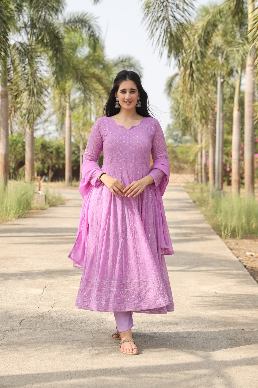 Purple Embroidered Georgette Anarkali Suit Set