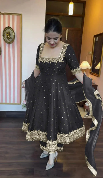 Black Vichitra Silk Kurta Palazzo Set with Dupatta