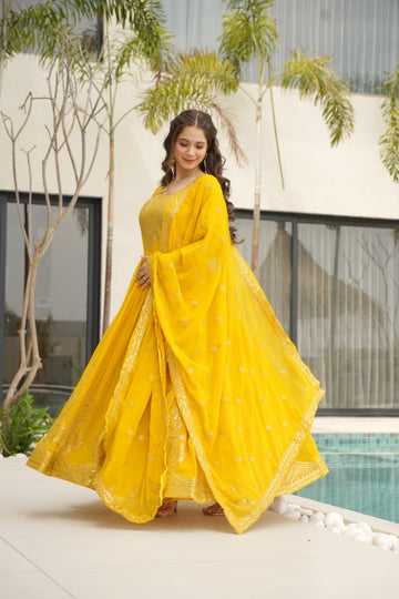 Yellow Zari Sequin Embroidered Anarkali Gown with Dupatta