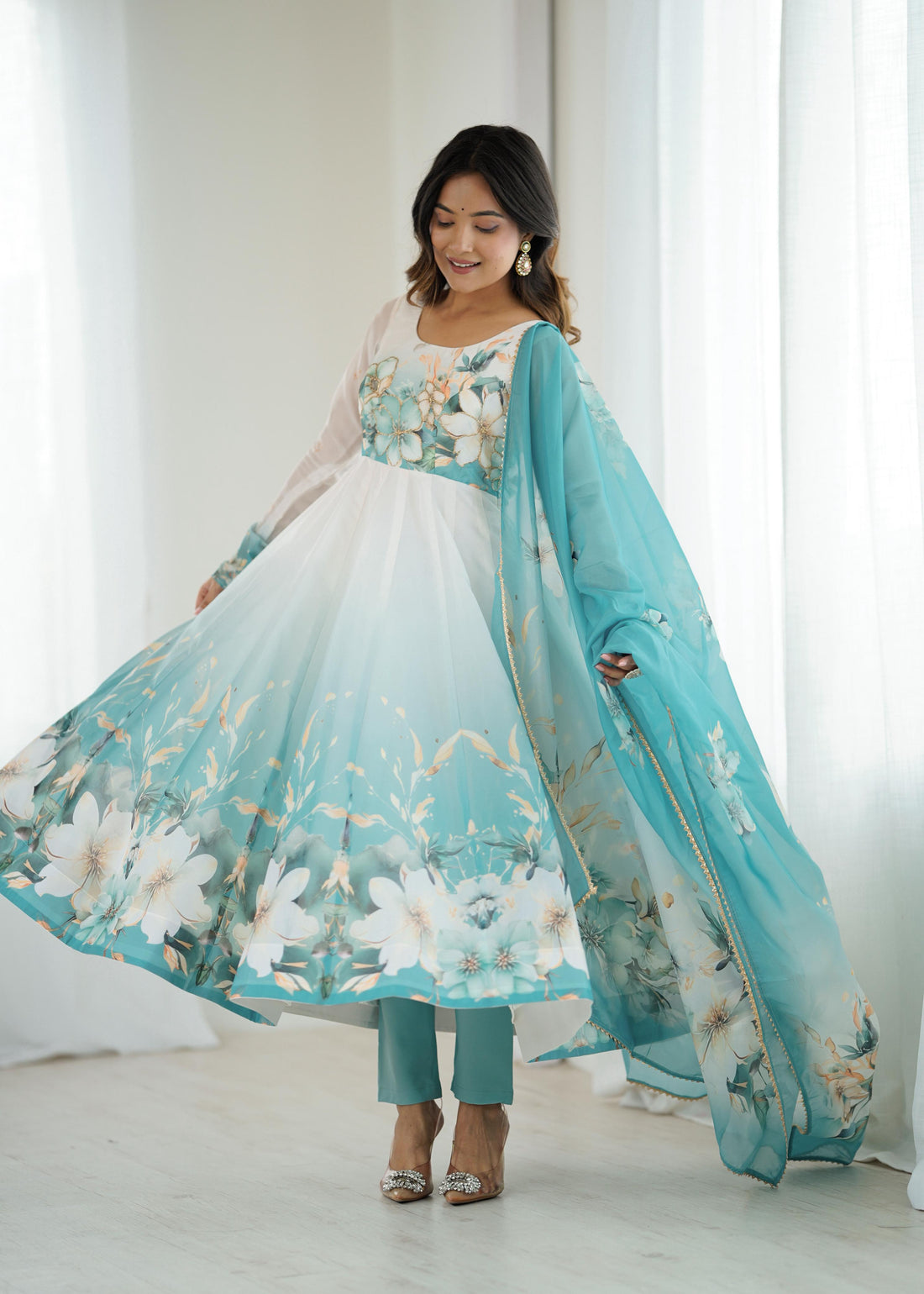 Aqua Blue Organza Silk Printed Anarkali Suit Set