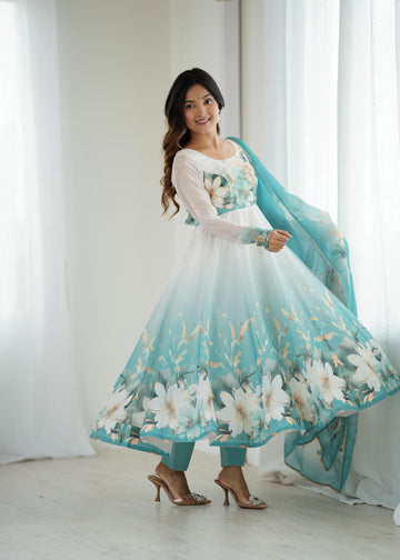 Aqua Blue Organza Silk Printed Anarkali Suit Set