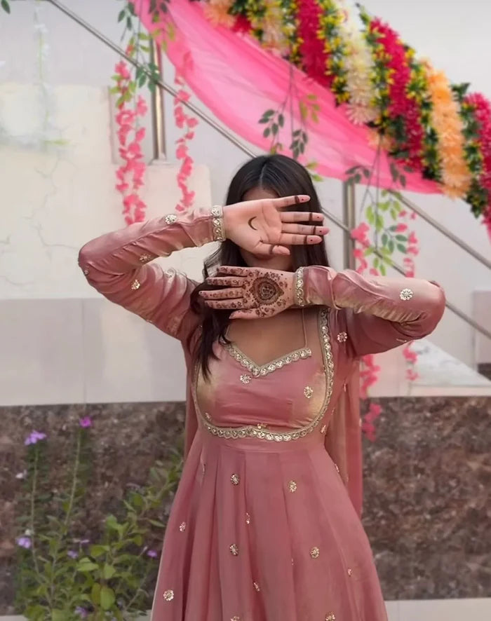 Avisha Fendy Silk Blush Pink Anarkali Premium Suit Set