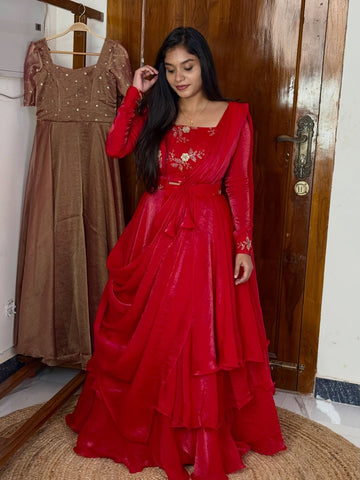 Red Fendy Silk Sequin Embroidered Lehenga Choli Set