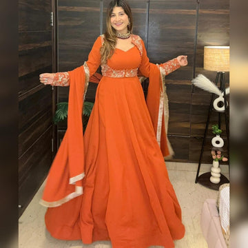Orange Faux Georgette Embroidered Koti Anarkali Gown