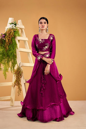 Wine Fendy Silk Sequin Embroidered Lehenga Choli Set