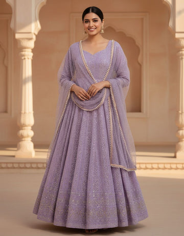 Purple Faux Blooming Full Sleeve Anarkali Gown