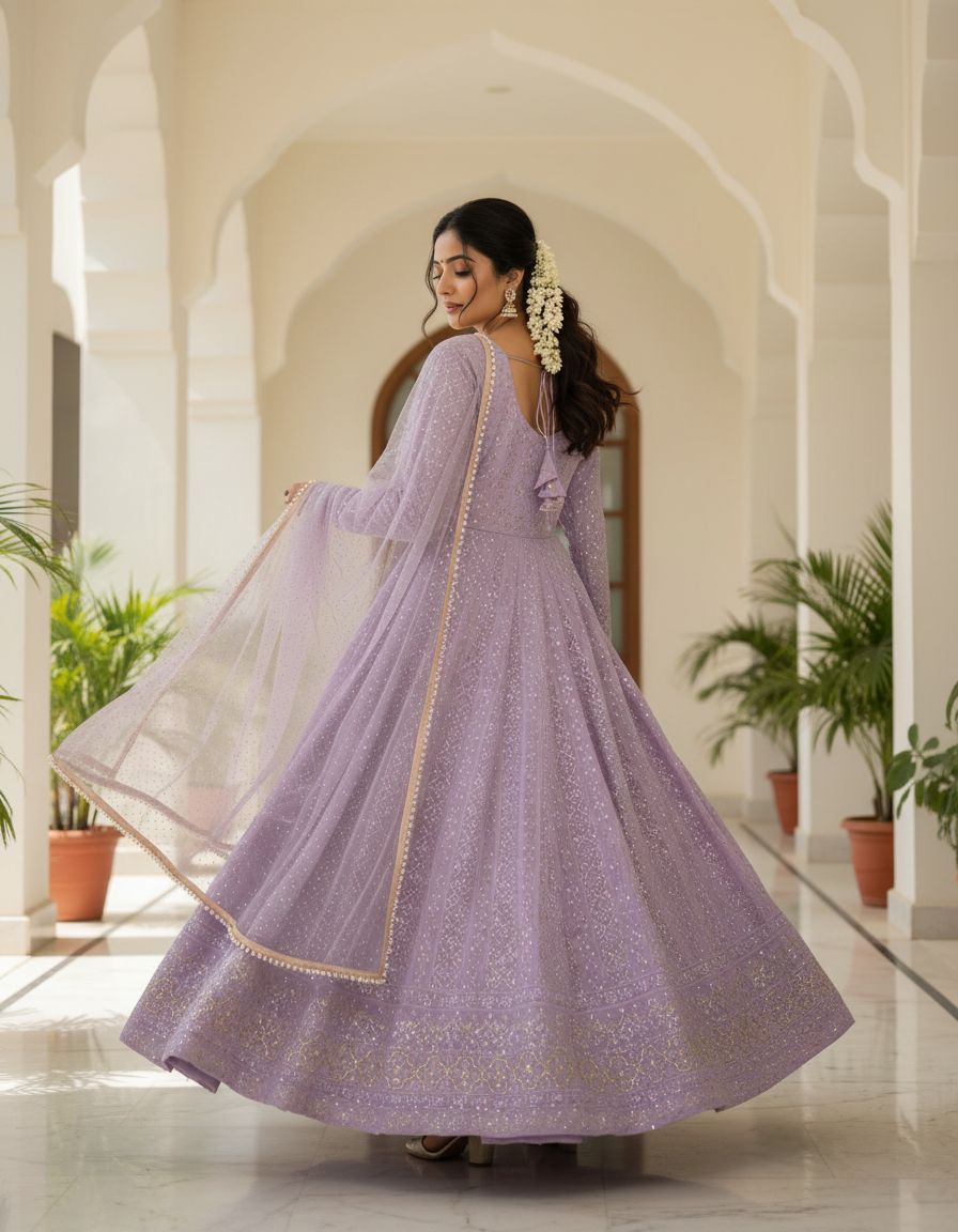 Purple Faux Blooming Full Sleeve Anarkali Gown