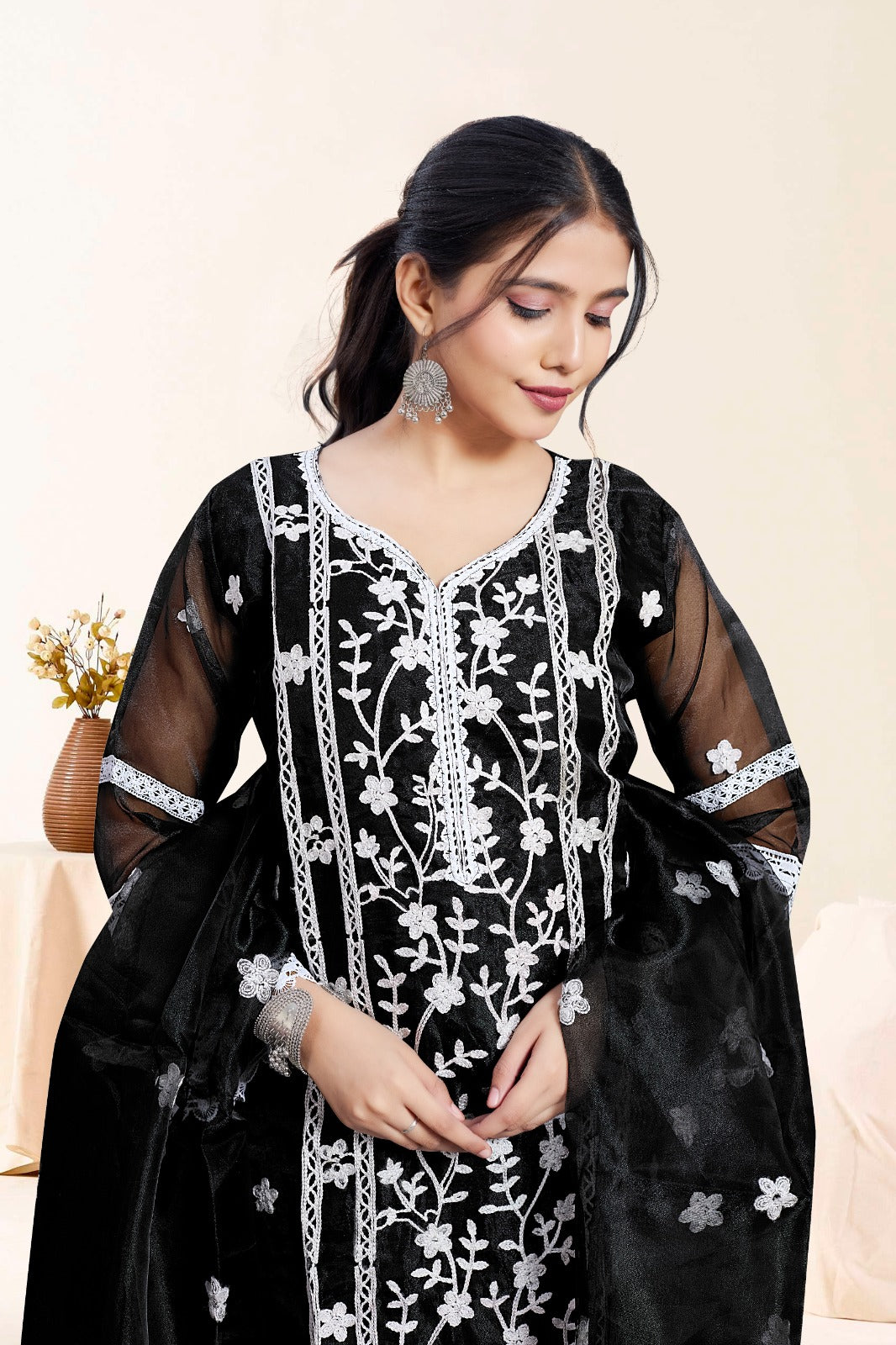 Black Embroidered Ethnic Suit Set With Dupatta