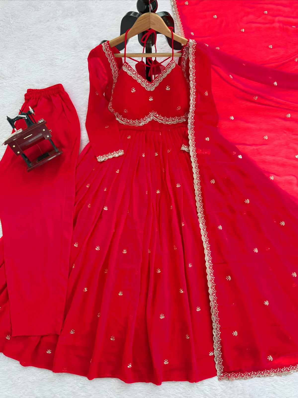 Red Georgette Anarkali Suit Set With Embroidered Dupatta