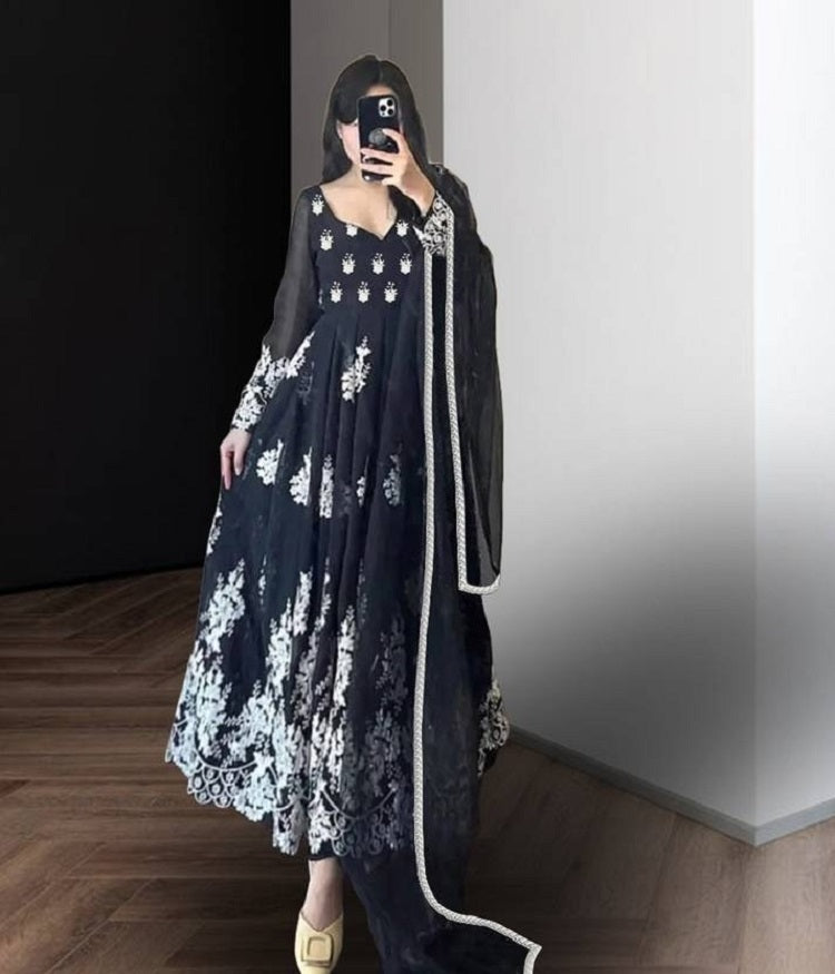 Womens Black Anarkali Suit Set With White Floral Embroidery