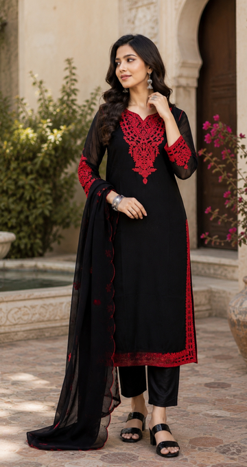 Black Georgette Embroidered Kurti With Red Thread Work And Dupatta