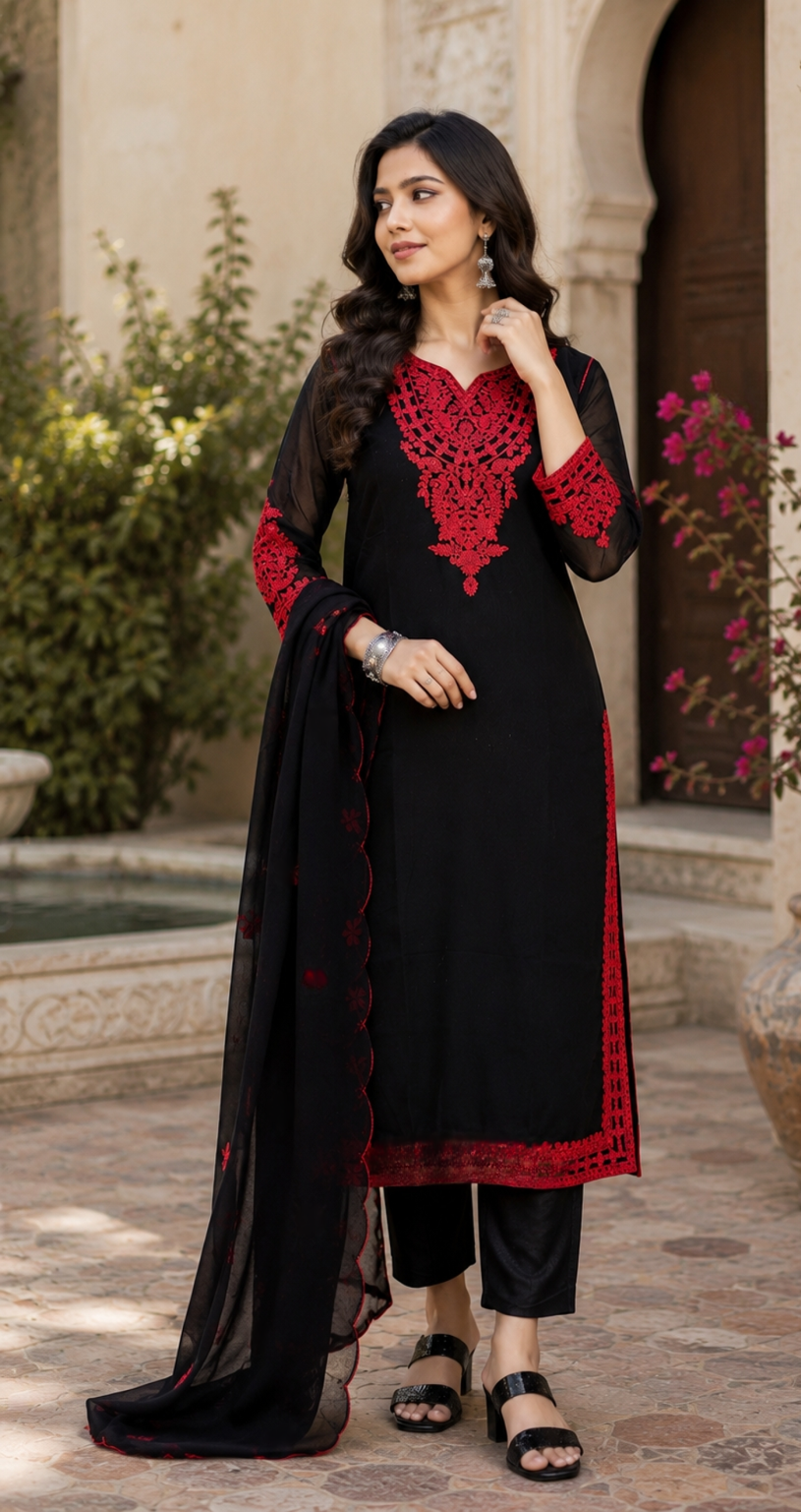Black Georgette Embroidered Kurti With Red Thread Work And Dupatta