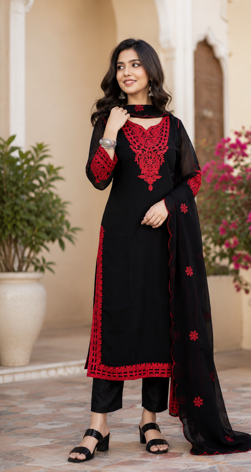 Black Georgette Embroidered Kurti With Red Thread Work And Dupatta