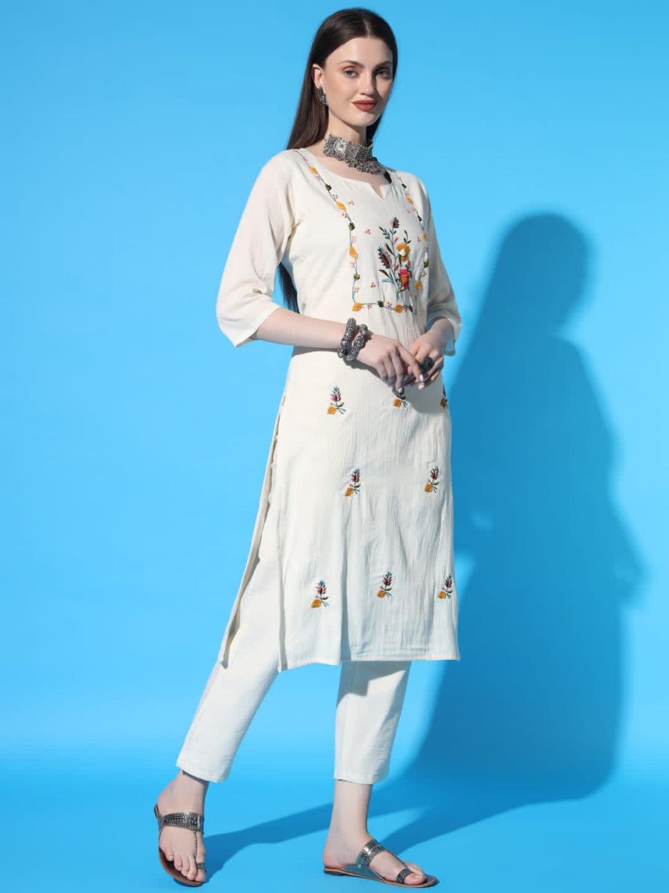 White Linen Straight Fit Kurta Set With Lace Trim for Women
