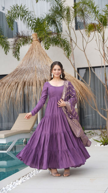 Purple Roman Silk Chanderi Anarkali Suit Set with Dupatta