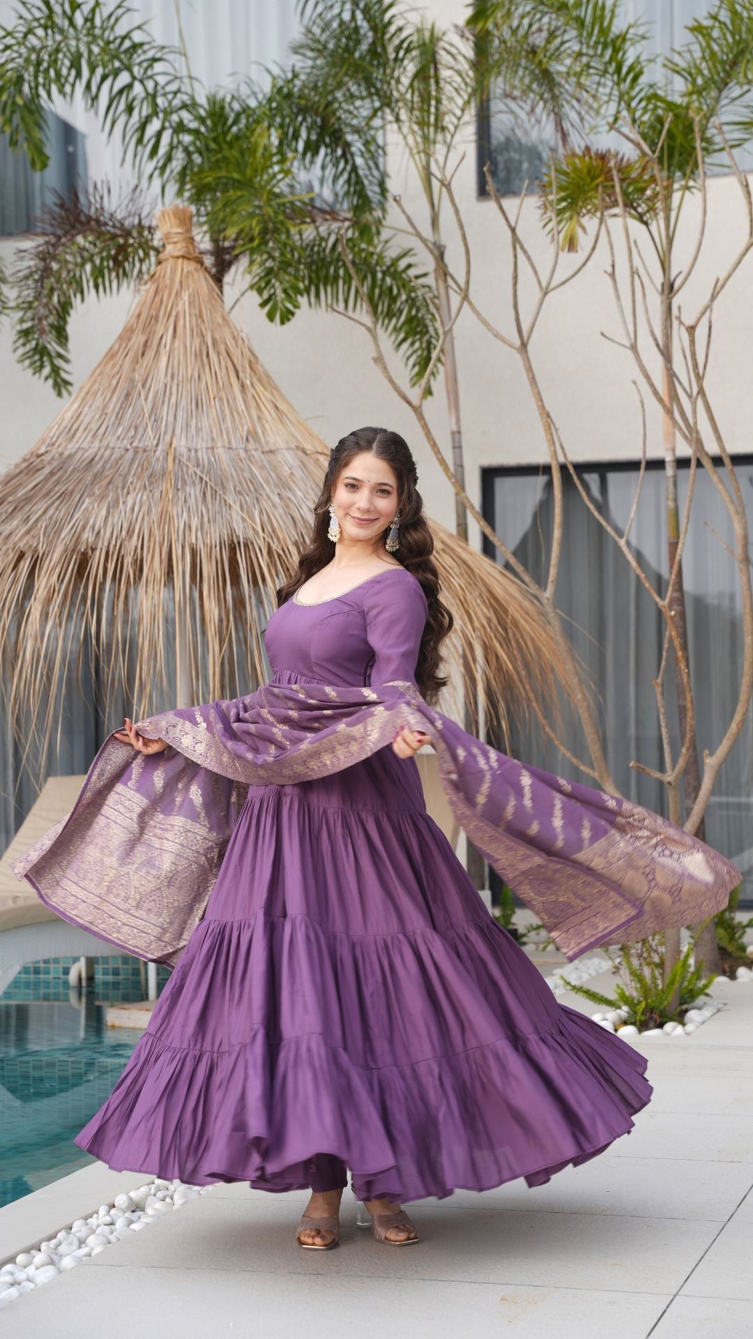 Purple Roman Silk Chanderi Anarkali Suit Set with Dupatta