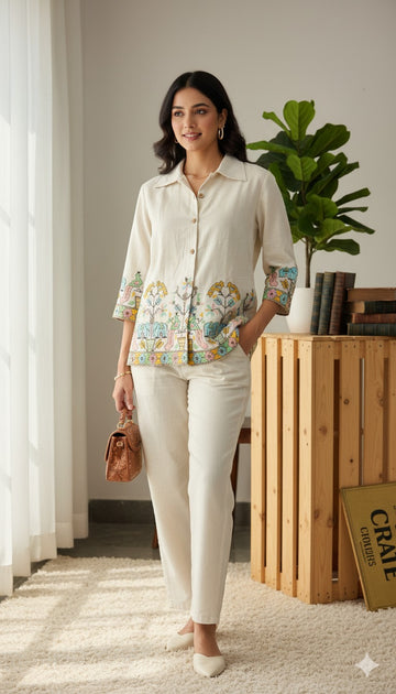 Off White Embroidered Linen Shirt And Pant Set For Women