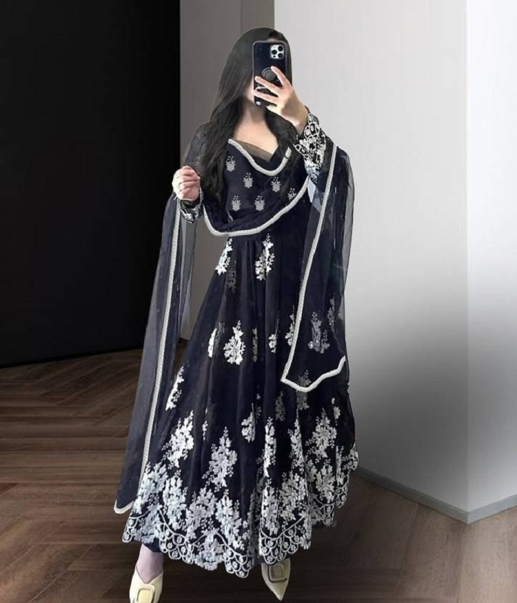 Womens Black Anarkali Suit Set With White Floral Embroidery