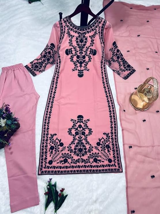 Pink Embroidered Ethnic Suit Set With Black Thread Work