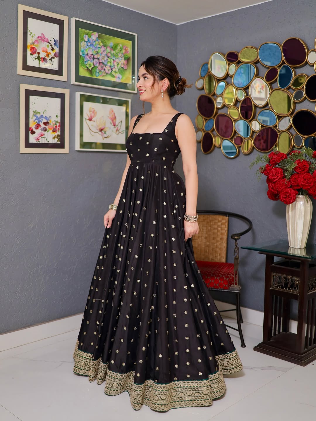 Black NC Silk Sequin Embroidered Anarkali Gown