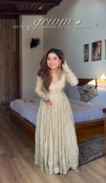 Off-White Chinon Silk Round Neck Anarkali Gown