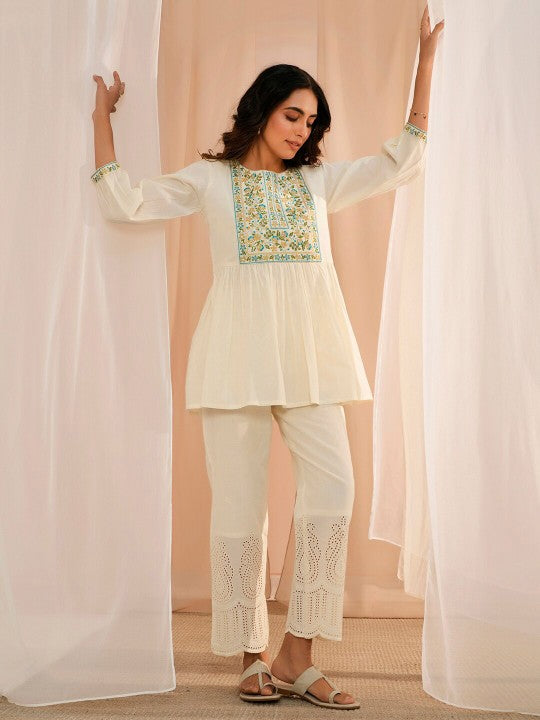Floral Embroidered Thread Work Pure Cotton A-Line Kurti
