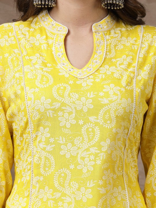 Yellow Floral Printed Thread Work Thread Work Kurti