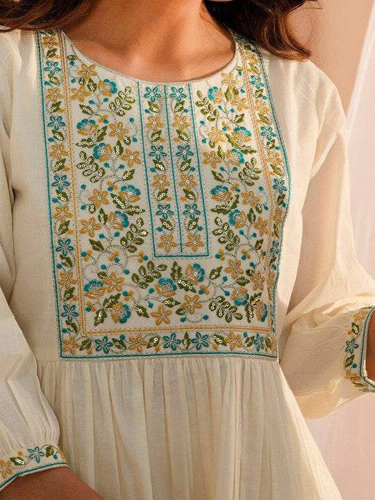 Floral Embroidered Thread Work Pure Cotton A-Line Kurti