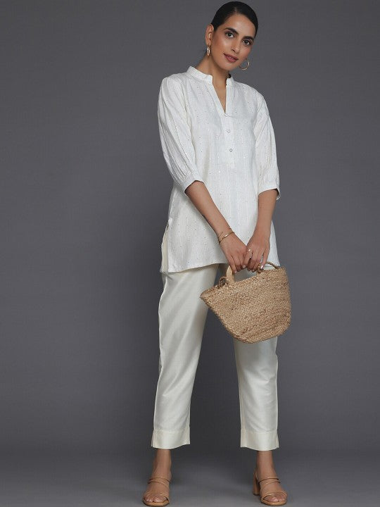 Striped Mandarin Collar Cuffed Sleeves Sequined Straight Kurti