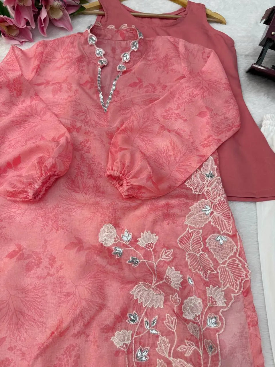 Blush Pink Organza Shrug Kurta Pant Set